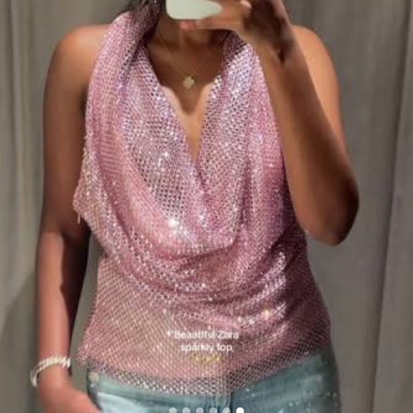 Zara Tops - ZARA Rhinestone Baby Pink Sequin Drape Top - BRAND NEW